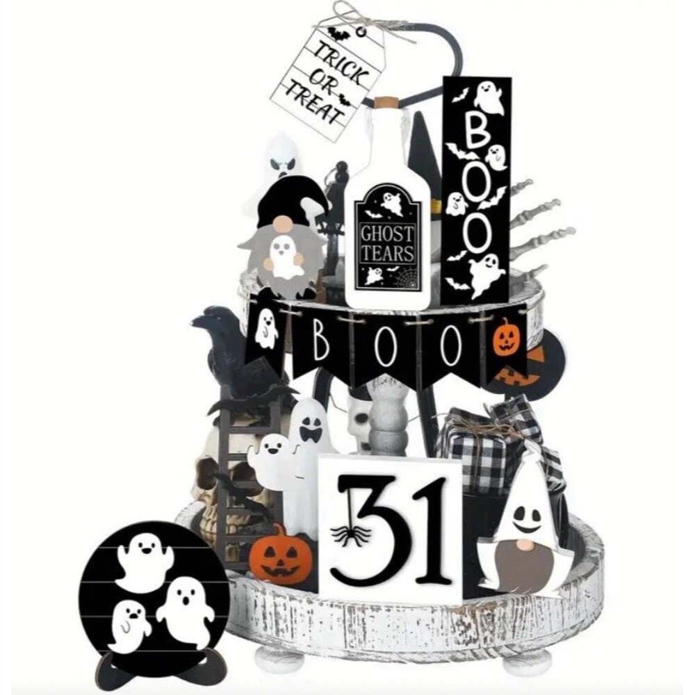 Halloween 13 Piece Rustic Country Wood Halloween Decor Set Farmhouse Tier Tray